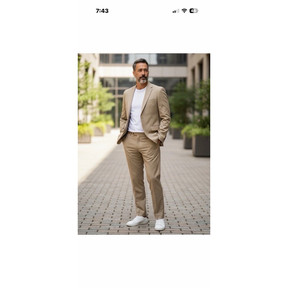 Jos A Bank 100% Wool Tailored Fit Mens Beige Suit 42R Pants 35x28, 2 Button